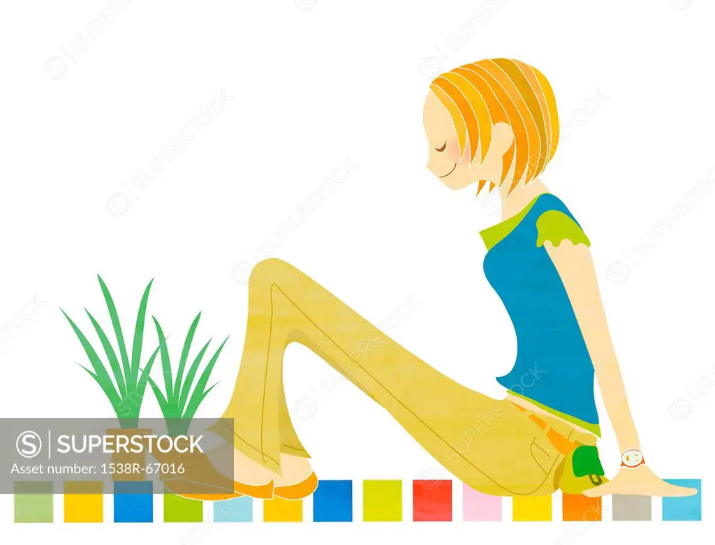 Illustration portrait of a young woman sitting on colorful tiles