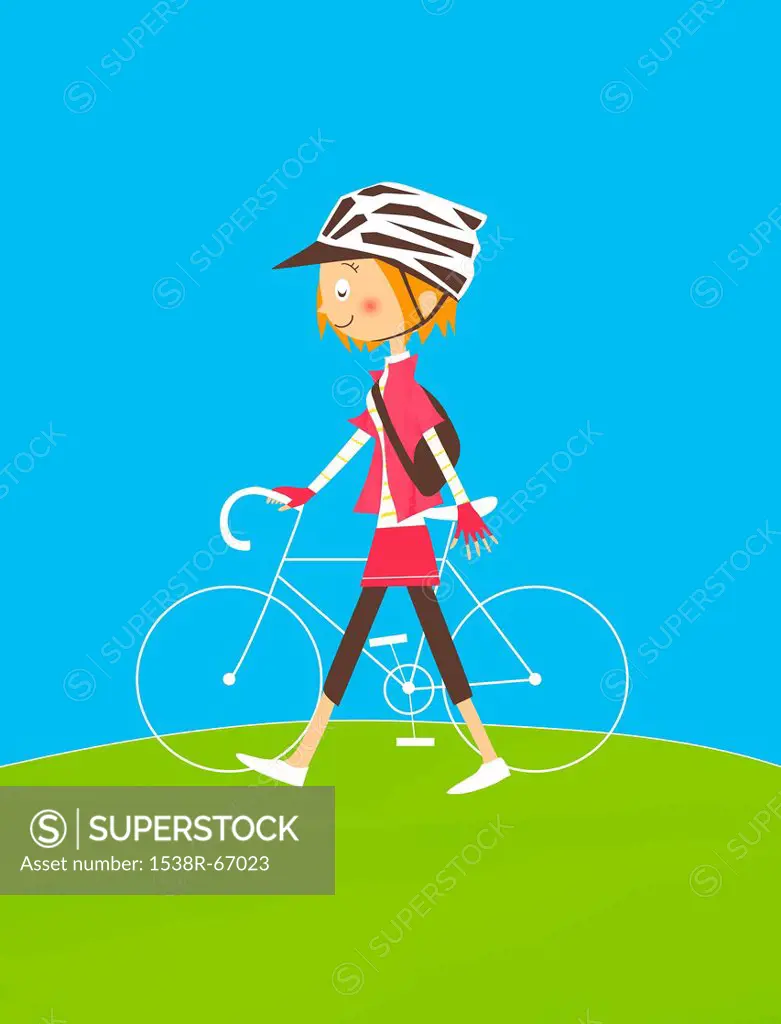 Illustration of a young woman walking a racing bicycle