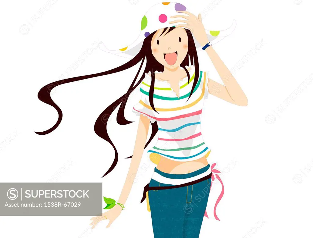 Illustration of a happy young woman wearing a polka dot hat