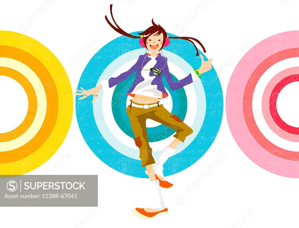 Illustration of a woman dancing in front of colored targets