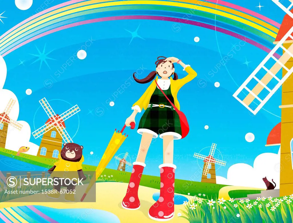 Illustration of a young woman and teddy bear under a rainbow surrounded by windmills