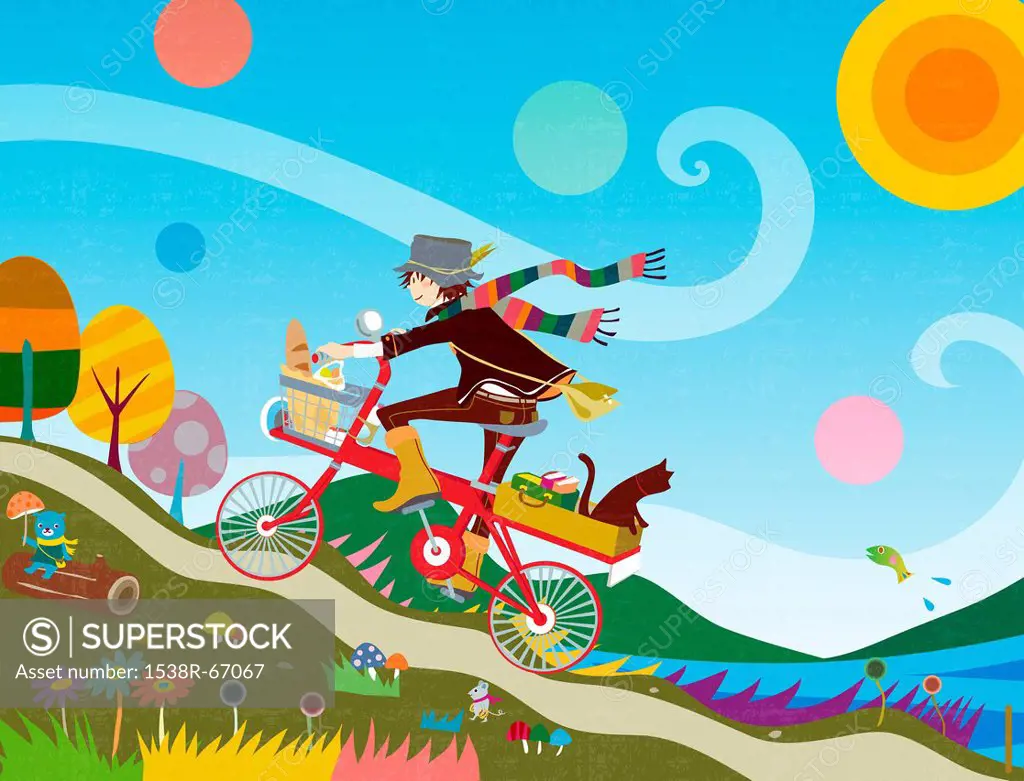 Illustration of a young woman riding a bicycle trough a fanciful scene
