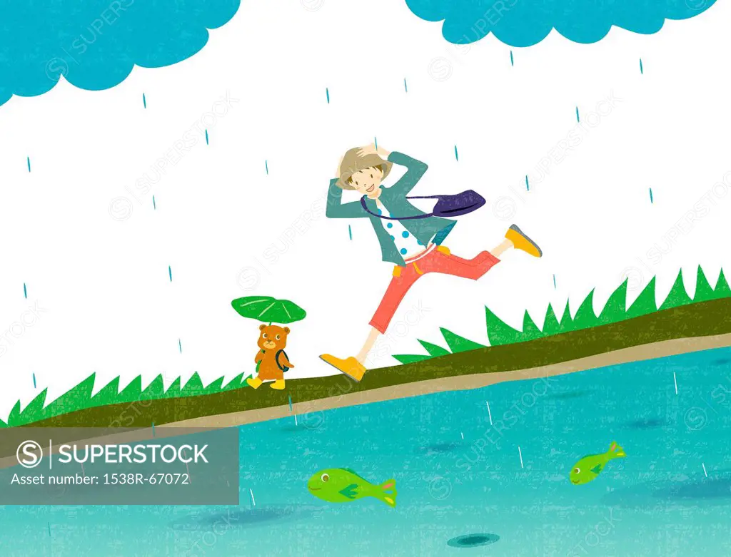 Illustration of a young boy and teddy bear running in the rain