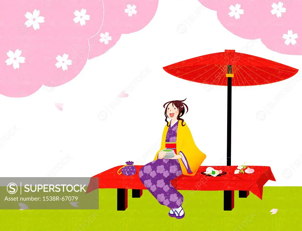 Illustration of a geisha having tea under cherry blossom trees