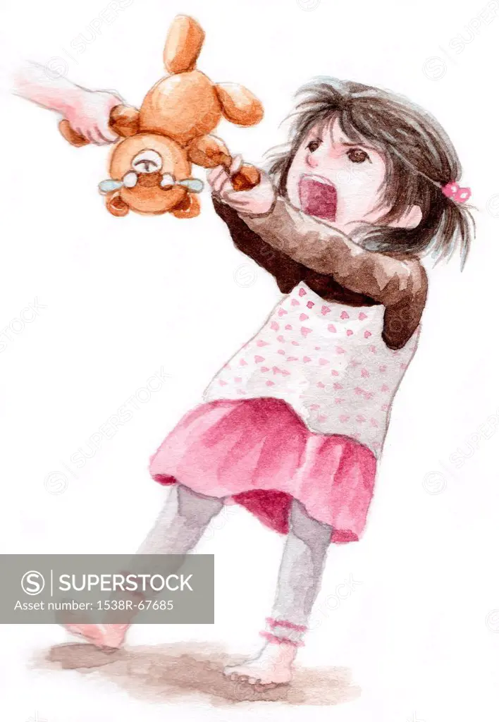 A young girl fighting over a teddy bear