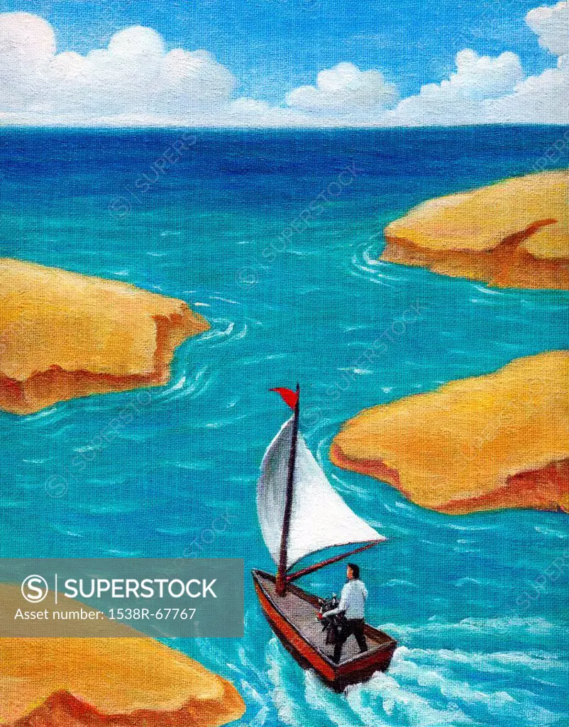 Illustration of a man sailing a boat