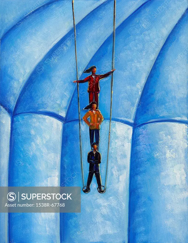 Illustration of a trapeze act with business people