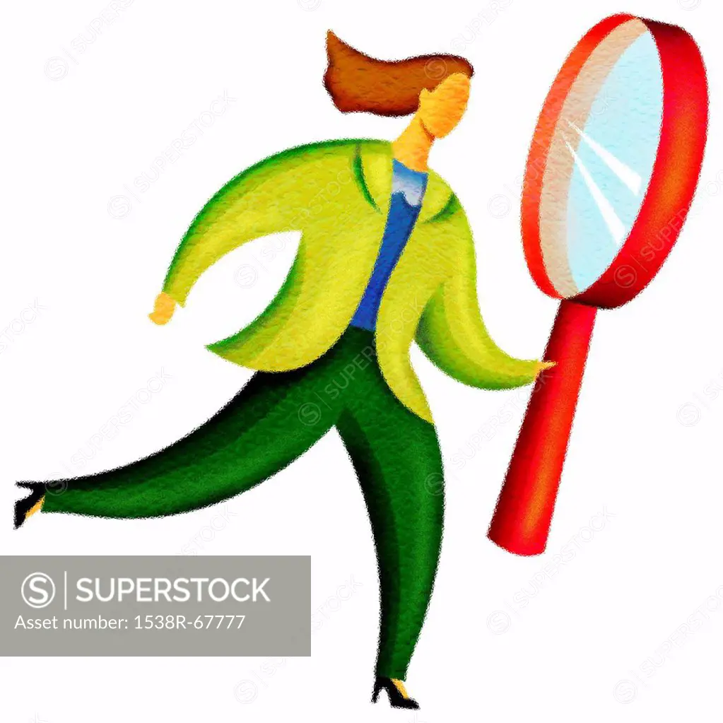 Illustration of a woman carrying a magnifying glass