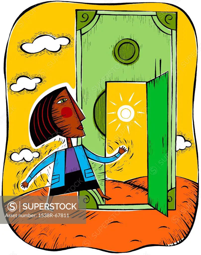Illustration of a woman walking through a door made of money
