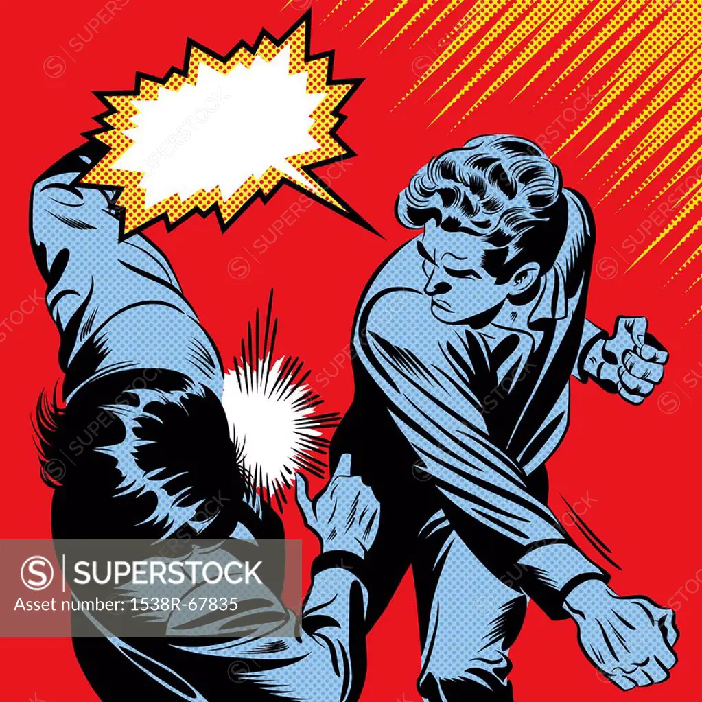 A retro comic style illustration of a man punching a person