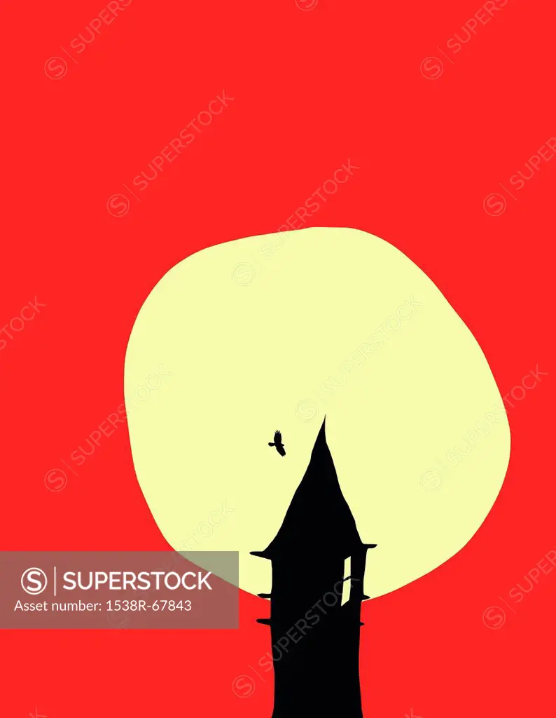 Illustration of a bird flying across the sky by a tower backed by the moon