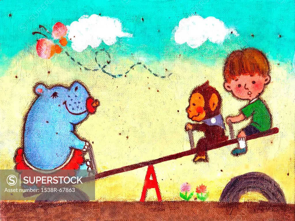 Illustration of a boy on a see_saw with a hippopotamus and a monkey