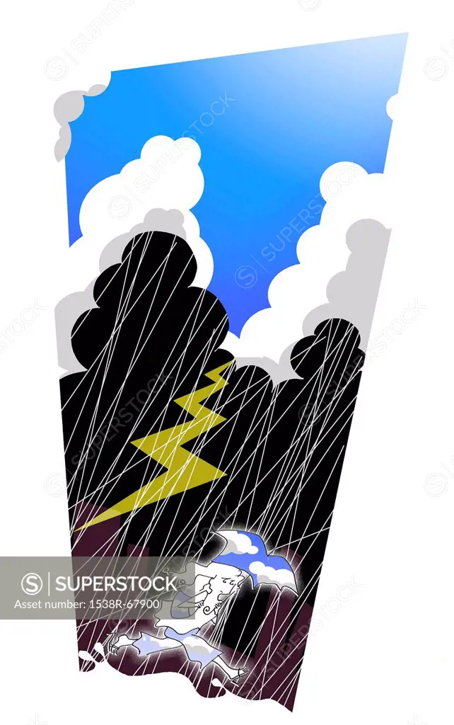 Illustration of a woman running while holding an umbrella during a lightning storm