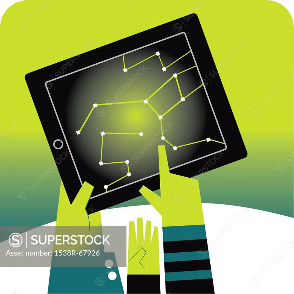 Illustration of three hands working on a computer note pad