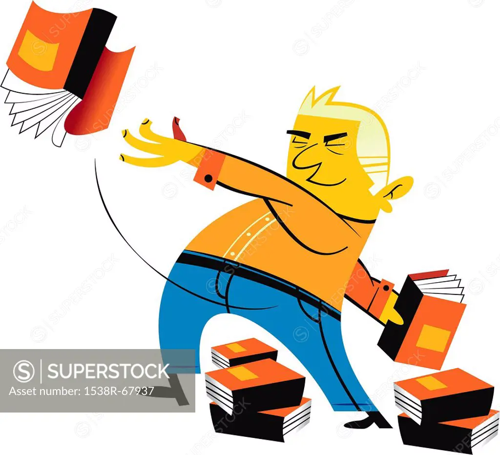 Illustration of a man throwing books