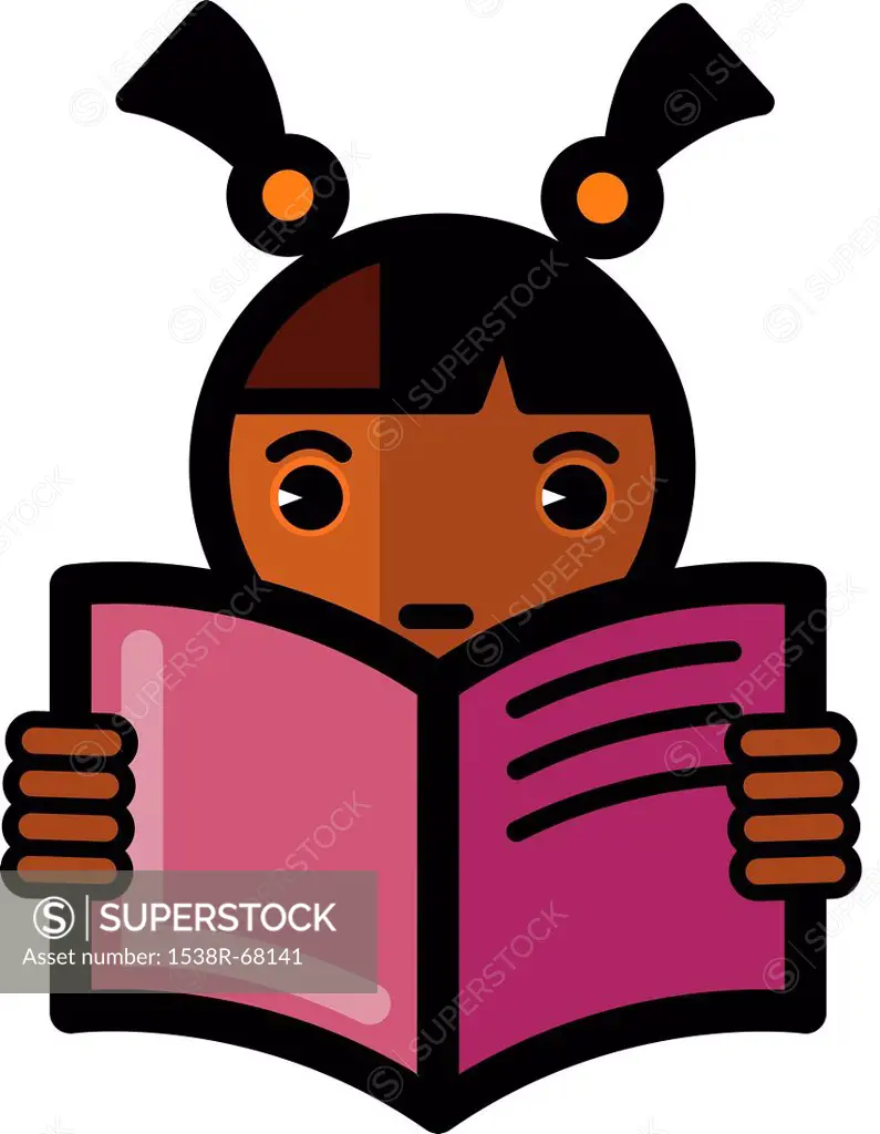 Illustration of a girl with pigtails reading
