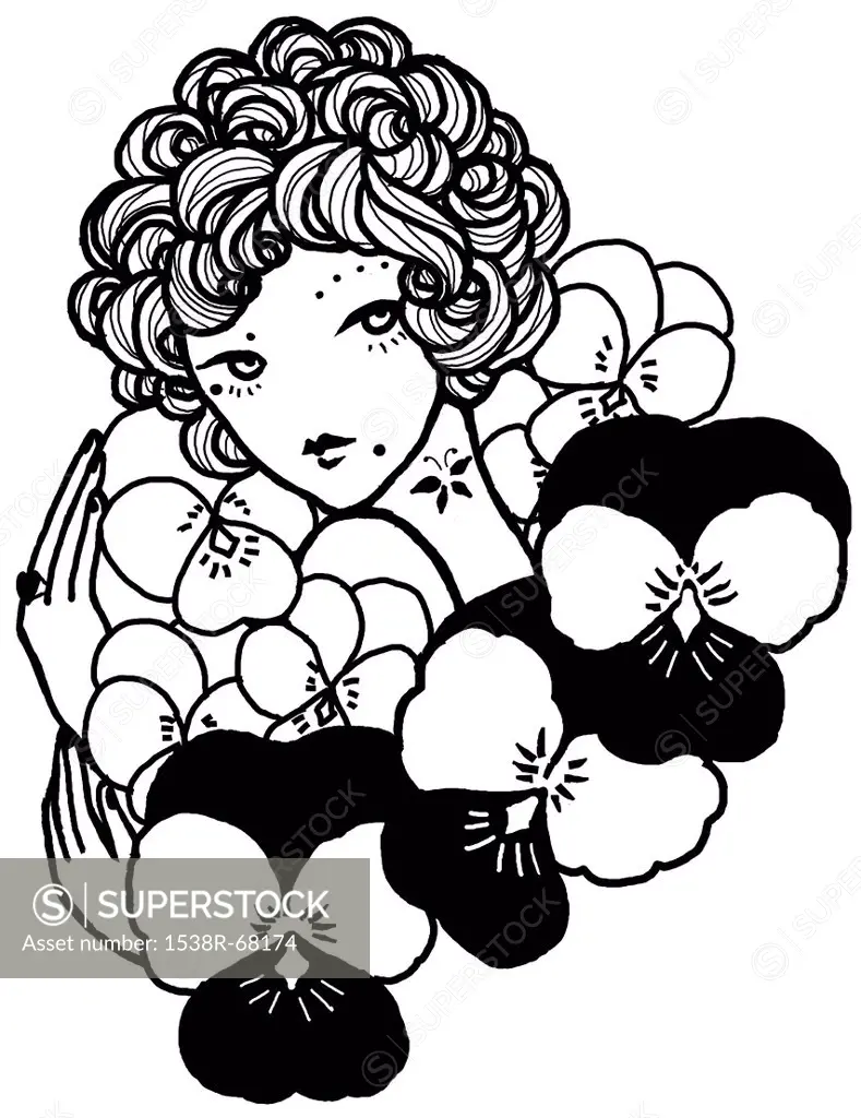 A woman with curly hair surrounded by flowers