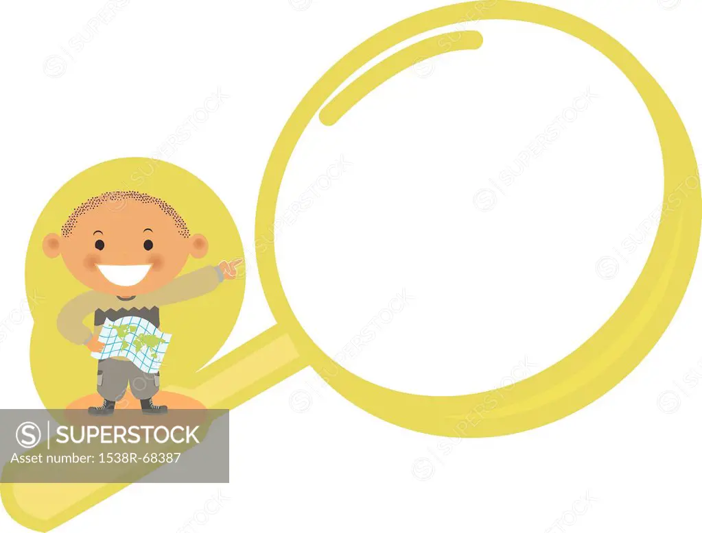 A boy pointing to a magnifying glass