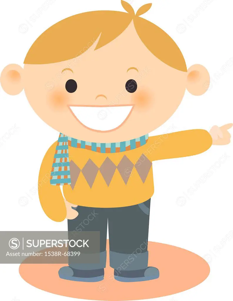 A boy wearing an argyle sweater pointing