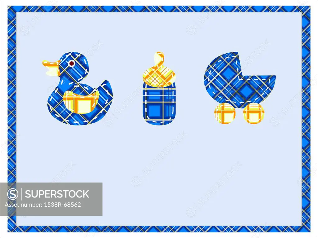 Plaid rubber ducky, bottle, and stroller