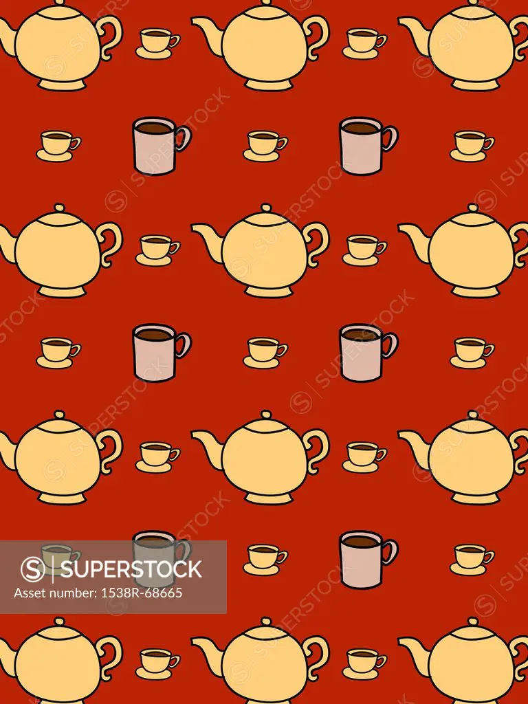 Tea cups and a tea kettle pattern in orange and brown
