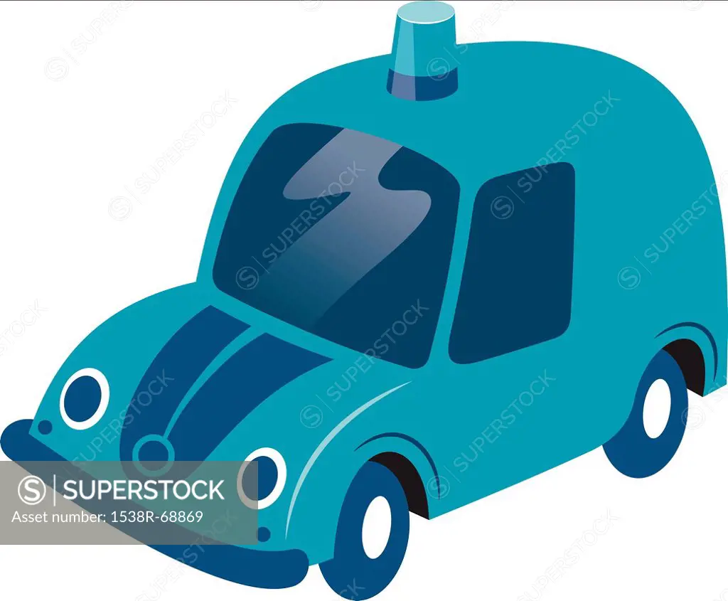 A blue car with a siren on top