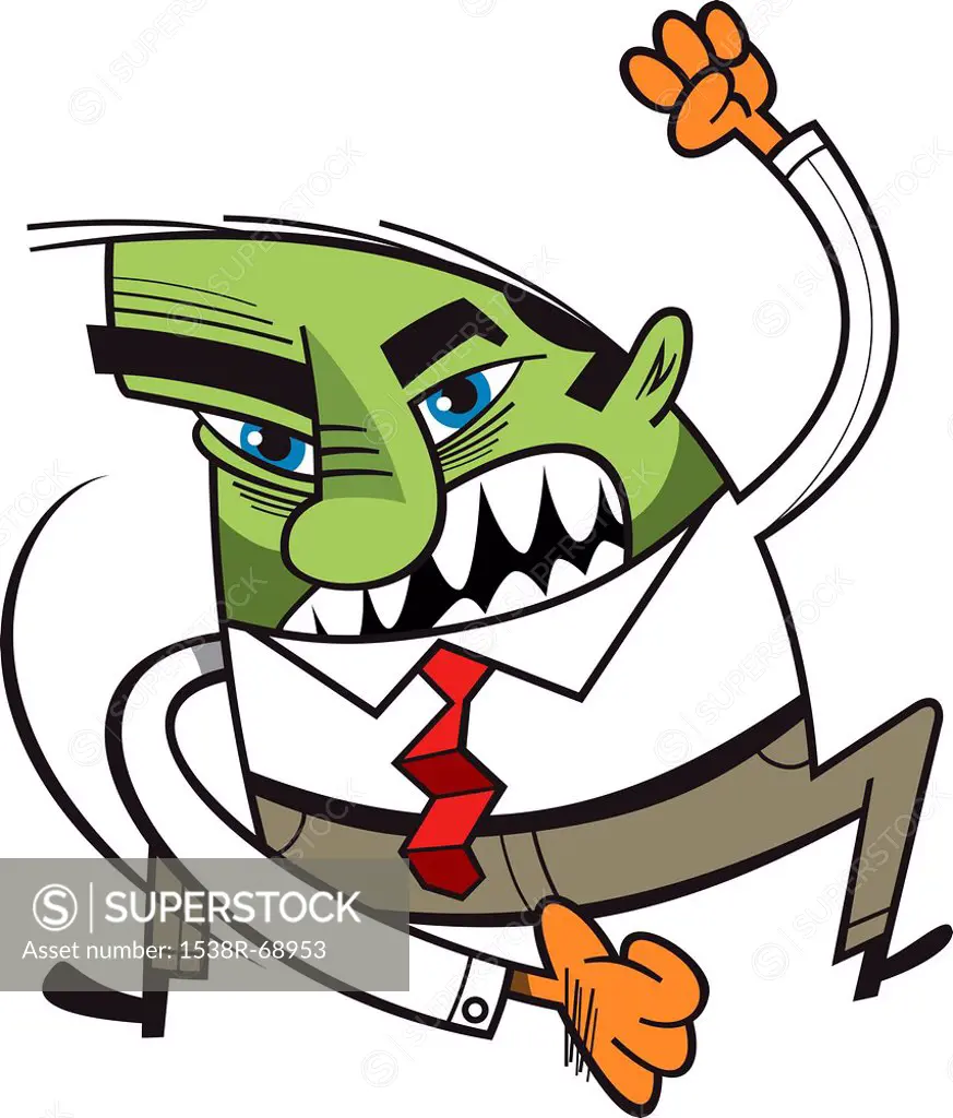 An angry businessman with a green face
