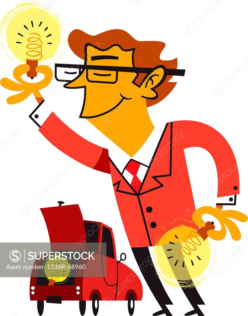 A businessman holding up a light bulb and in the background is a car with a light in the hood