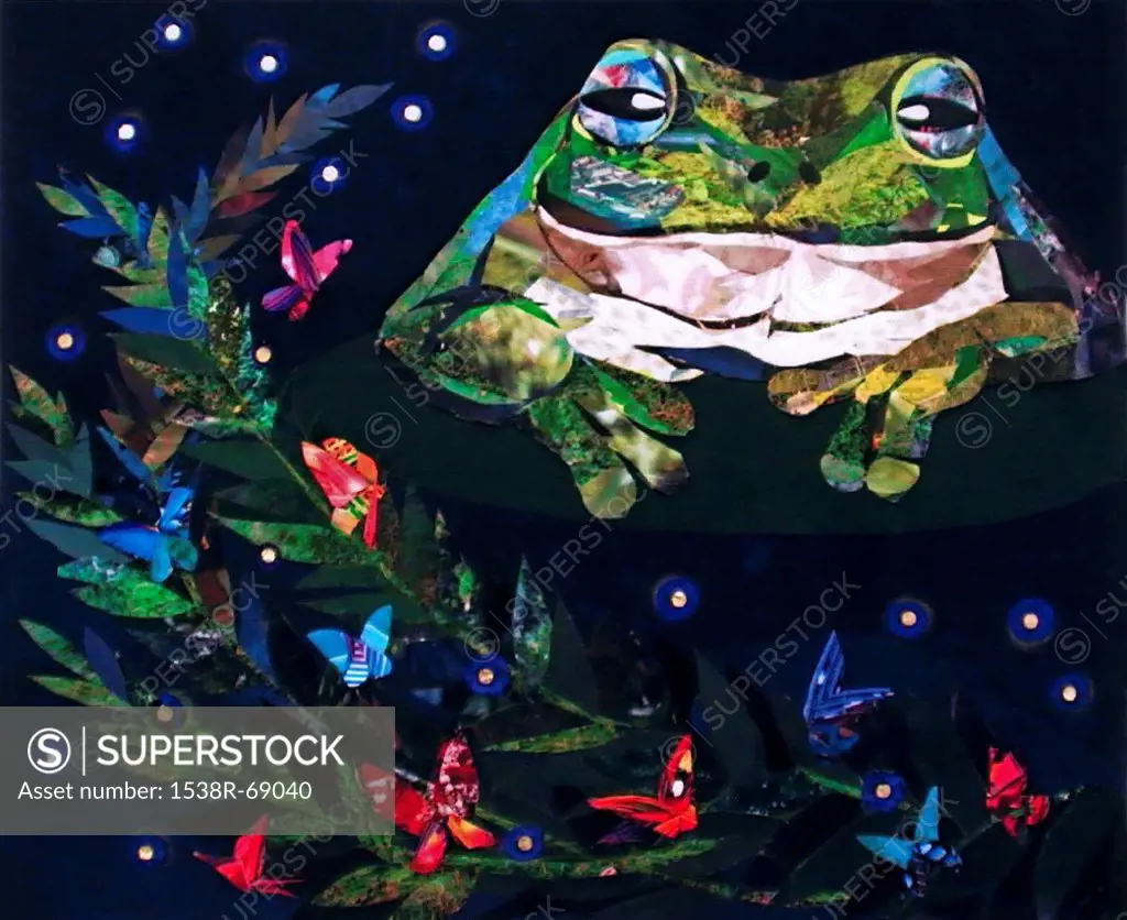 A collage of a frog and butterflies