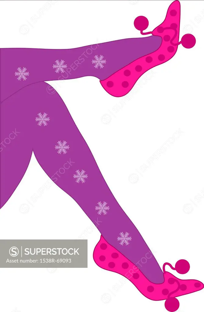 A pair of legs wearing pink flats and purple tights