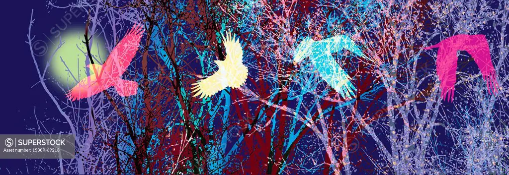 Silhouettes of tree branches in various colors and a bird in flight