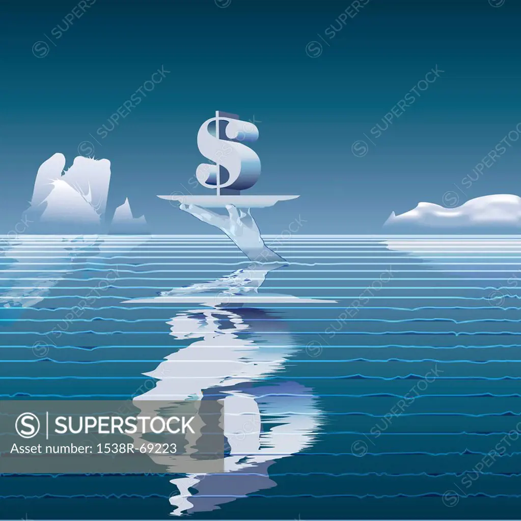 An iceberg shaped like a hand holding a dollar sign