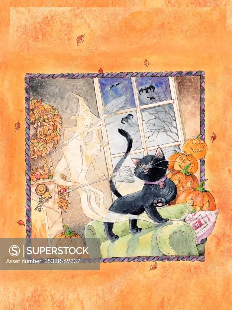 A Halloween scene with a black cat
