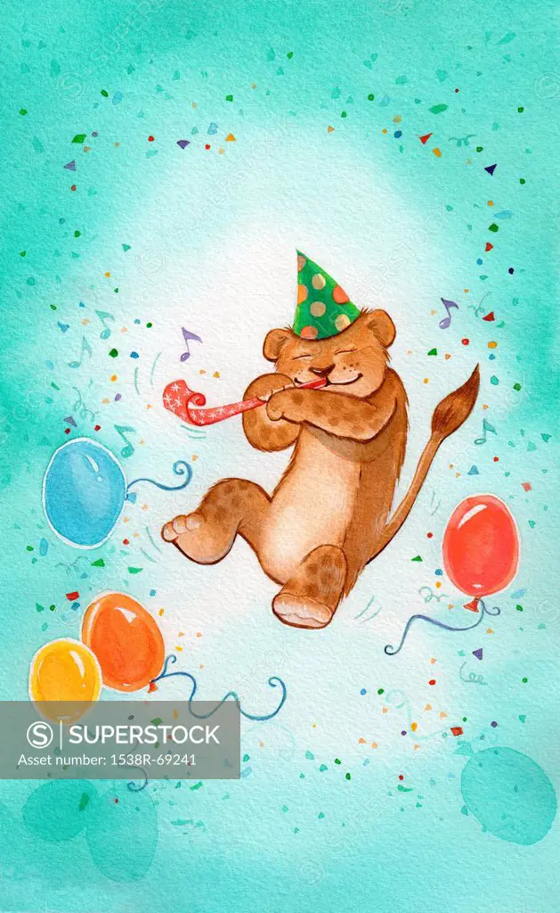 A lion cub wearing a birthday hat and blowing a birthday noisemaker