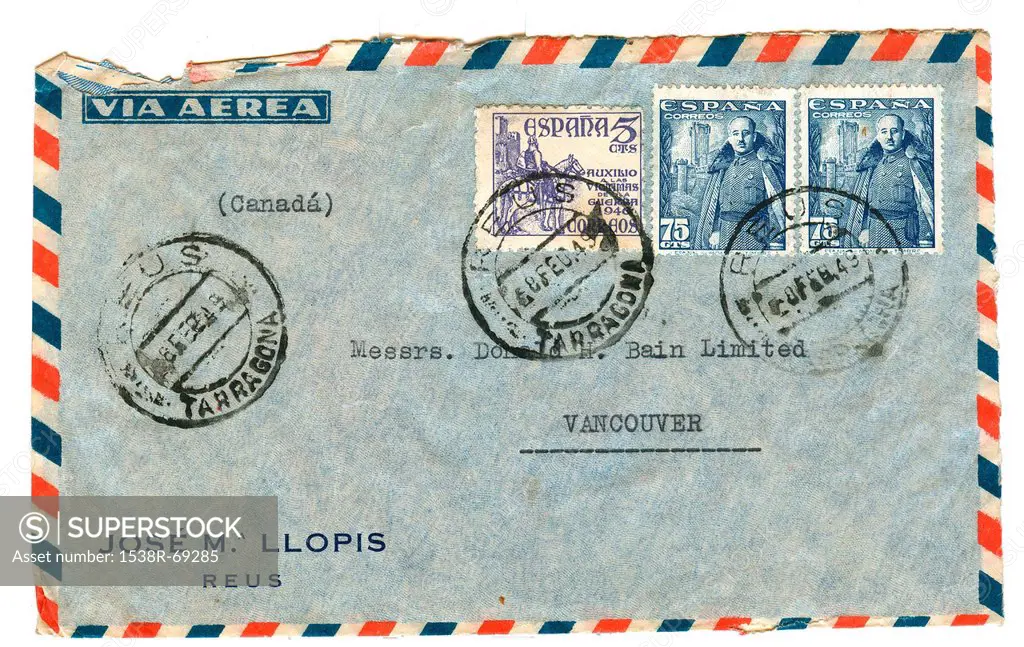 vintage airmail envelope with spanish stamps