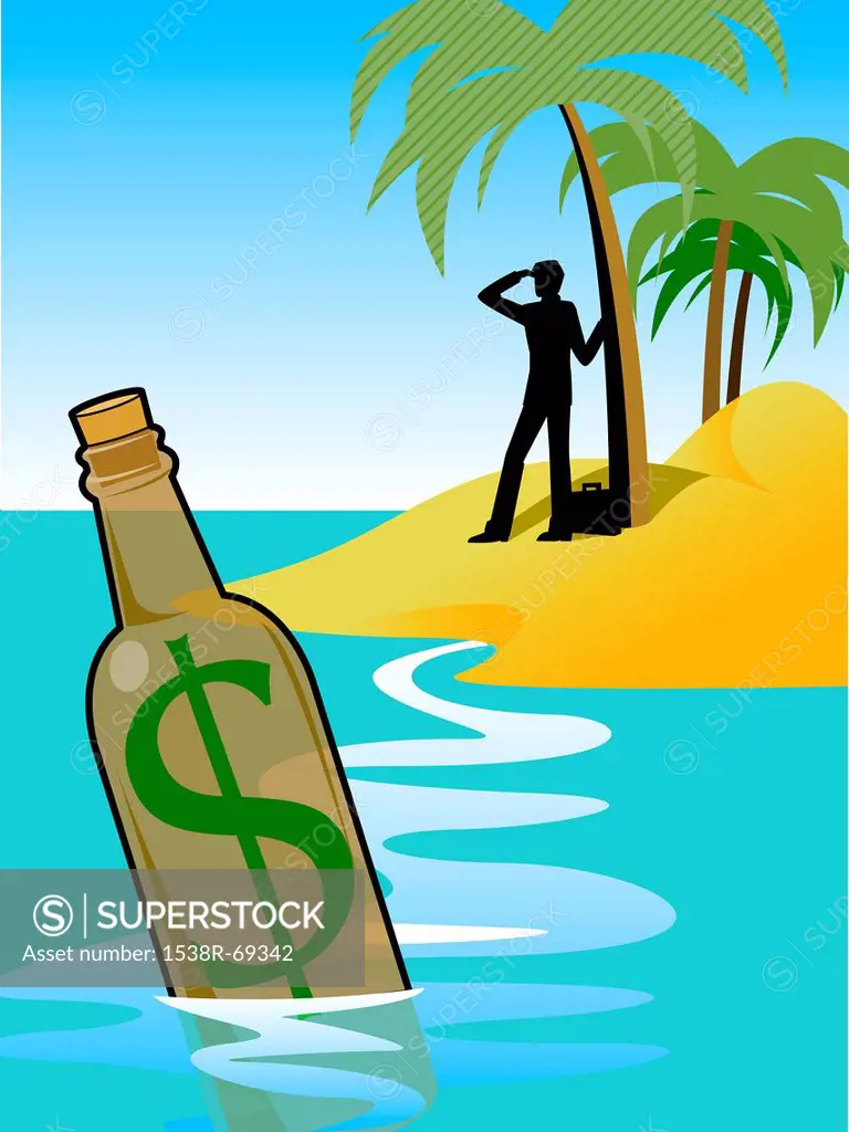 A man on an island and a bottle with a dollar sign in the foreground