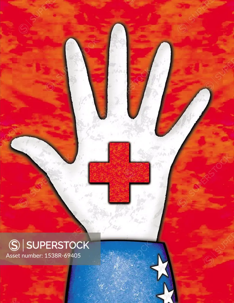 A hand with a red cross on it