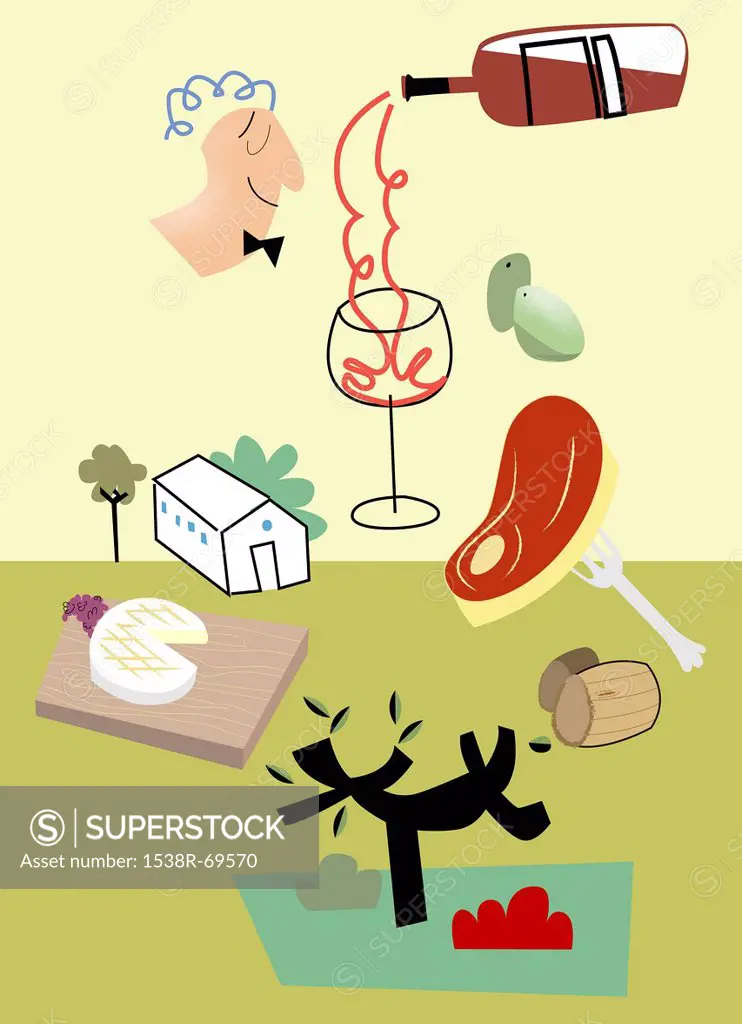 Wine being poured into a glass with a house, meat, and cheese and other things throughout