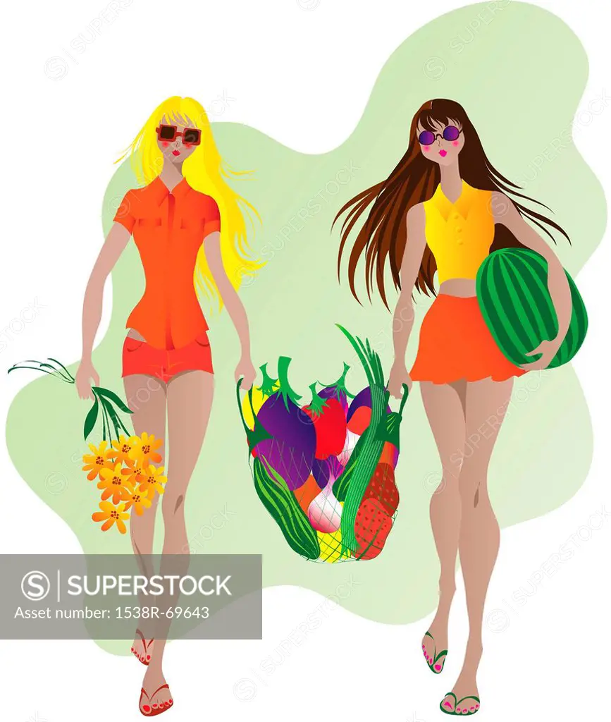 Two women holding a bag full of fruit and vegetables