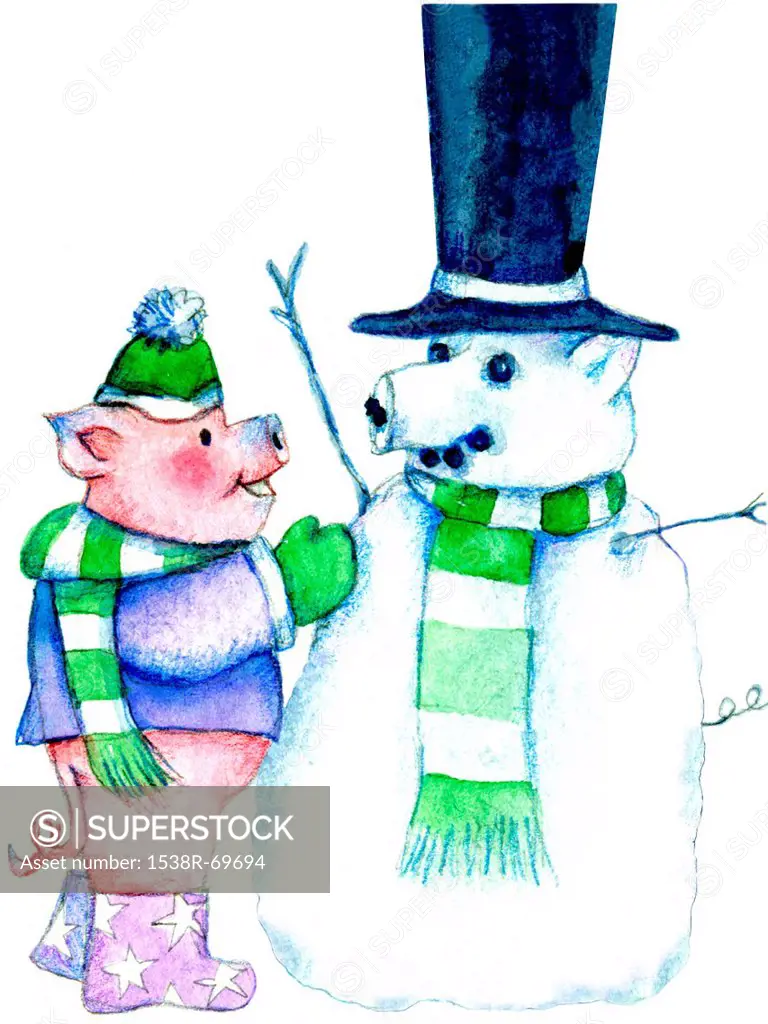 A pig looking at a pig snowman