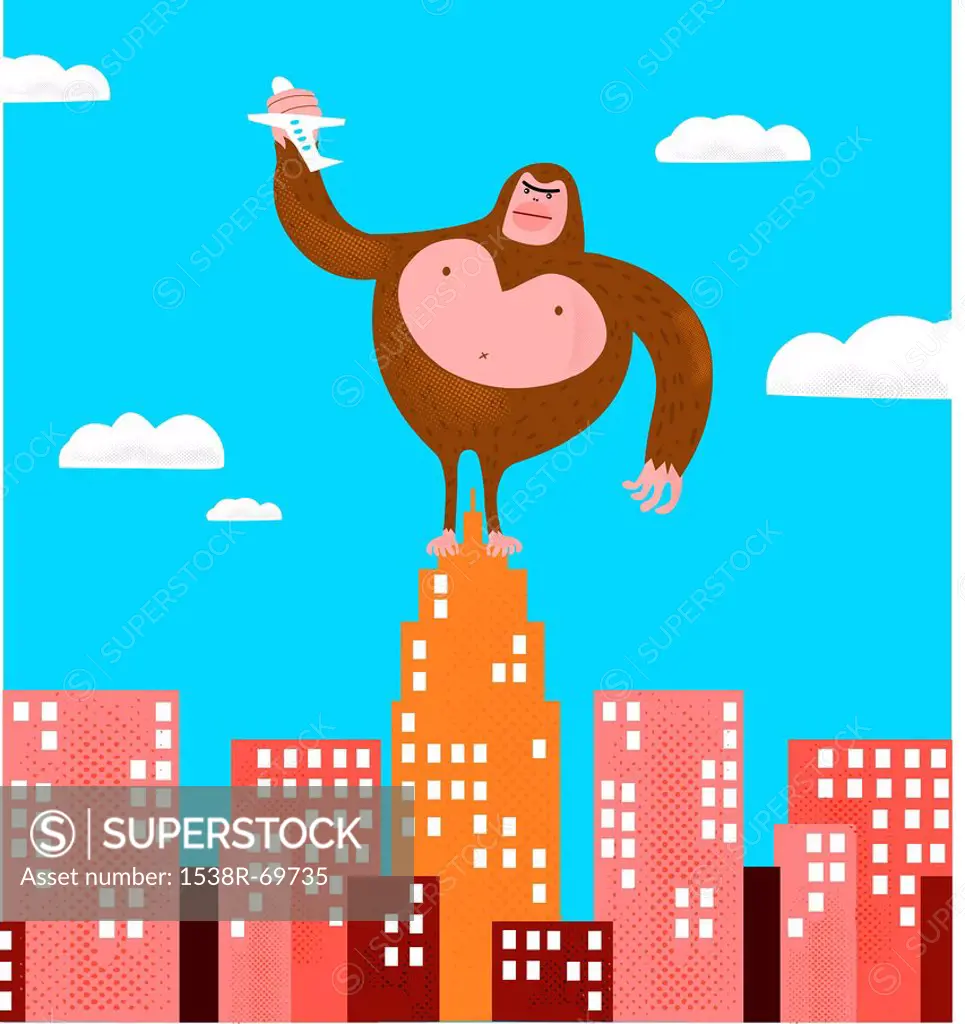 A gorilla holding an airplane