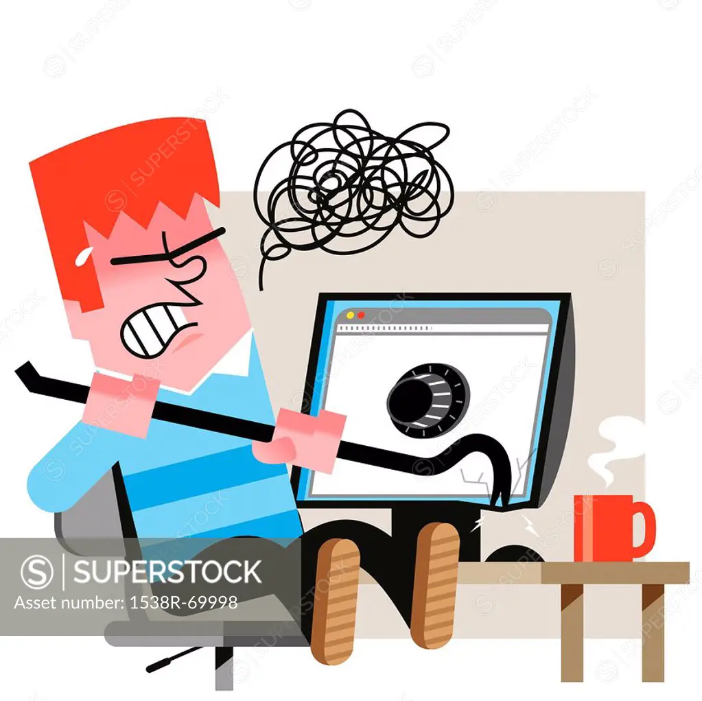 A frustrated man taking a crowbar to his computer