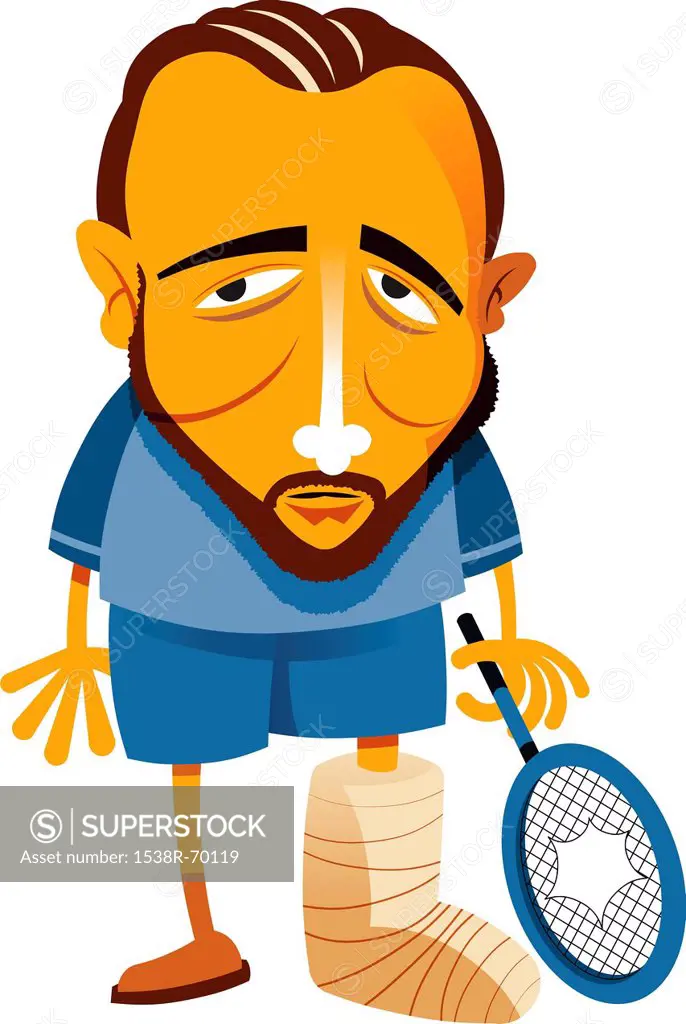 A man with a broken foot holding a broken tennis racket