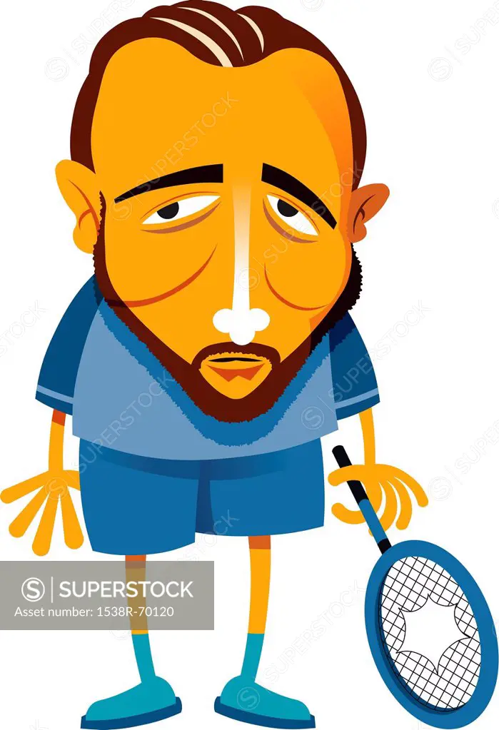 A man holding a broken tennis racket