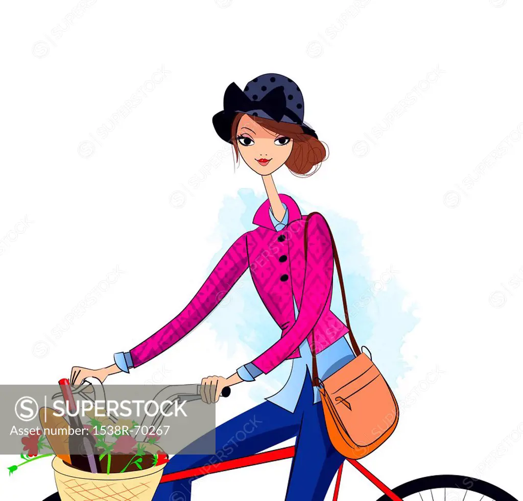 A woman on a bike with food, wine and flowers in the basket