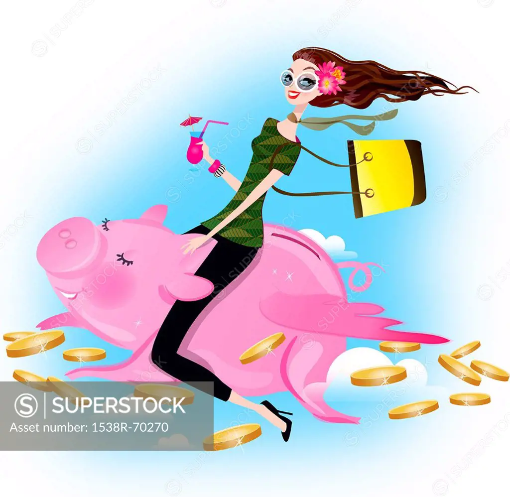 A woman on a piggy bank