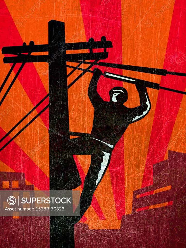 A lineman on a utility pole