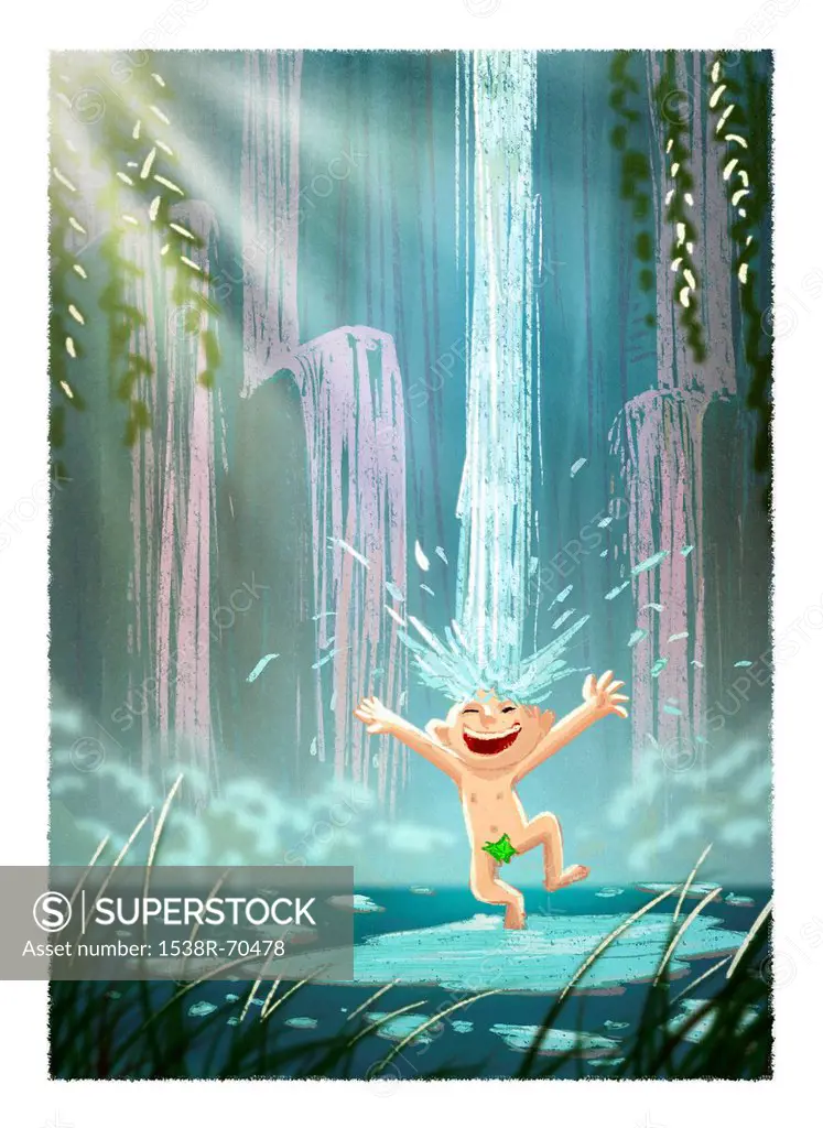 A boy splashing around near a water fall