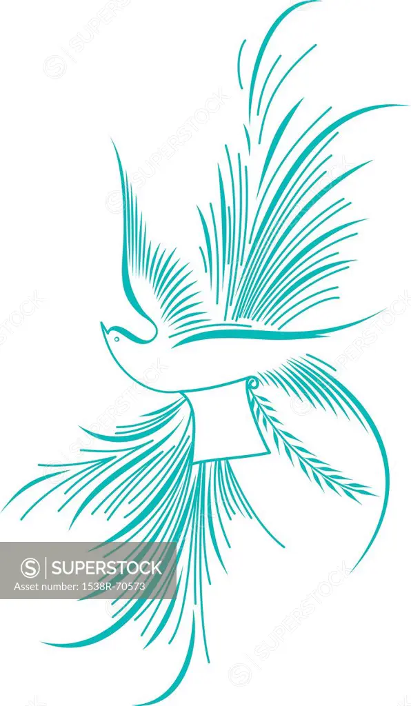 Blue calligraphic bird carrying a scroll