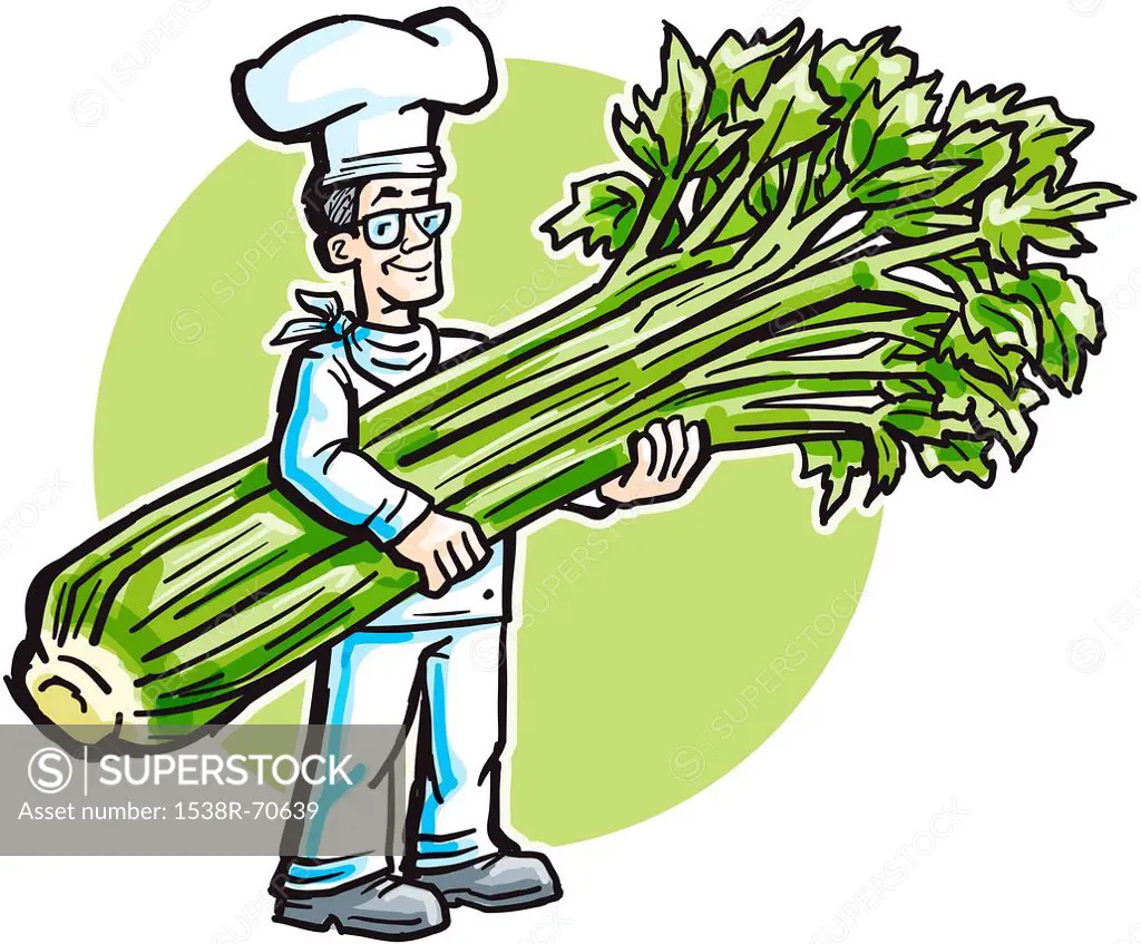A chef carrying giant celery
